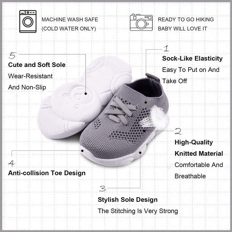 Charrost Baby First Walking Shoes 1-4 Years Kid Shoes Trainers Toddler Slip on Infant Waves Shoes Boys Girls Cotton Mesh Breathable Sneakers Outdoor(Grey,5 T) Bear22 - Image 2
